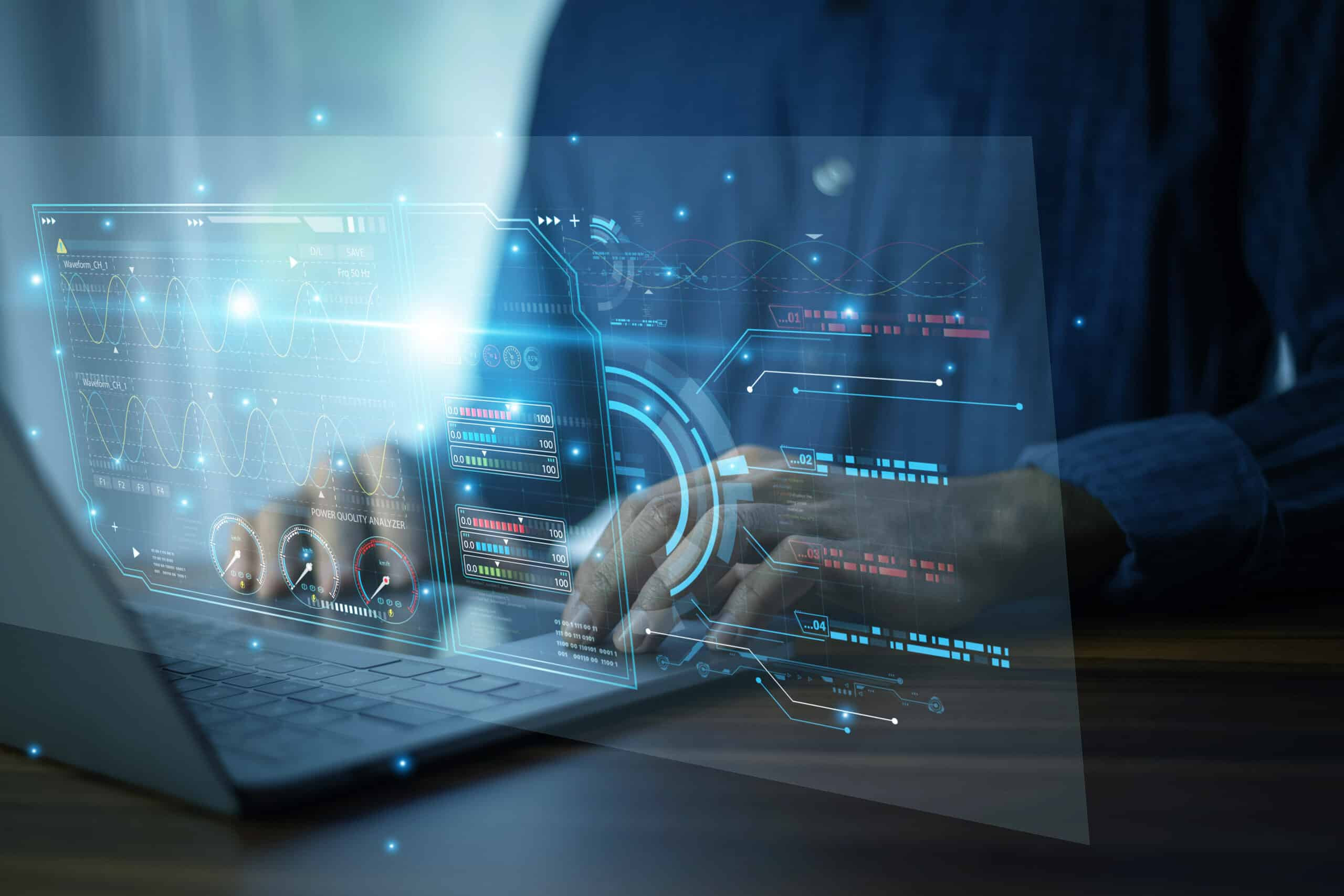 AI-powered analytics dashboard on a laptop displaying real-time data insights to improve operational efficiency and revenue performance.