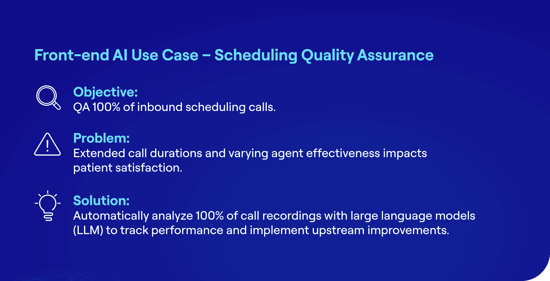Front-end AI use case showing how healthcare organizations use AI and large language models to improve scheduling quality, patient satisfaction, and revenue performance.