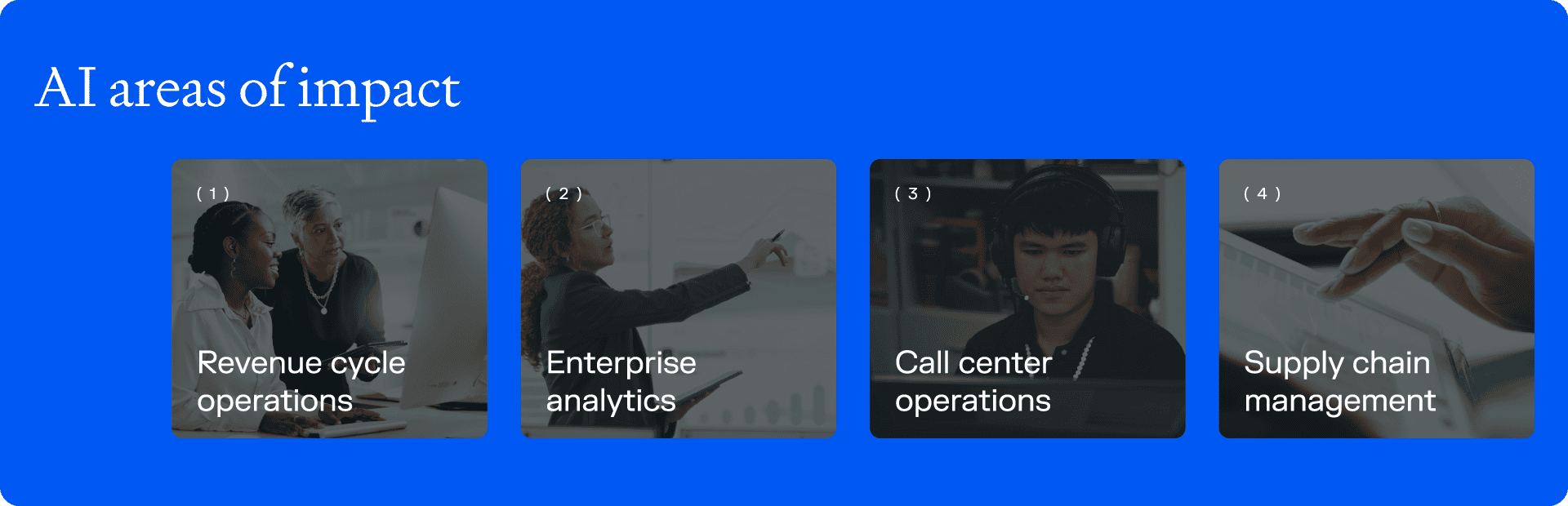 Intermountain Health AI areas of impact including revenue cycle operations, enterprise analytics, call center operations, and supply chain management.