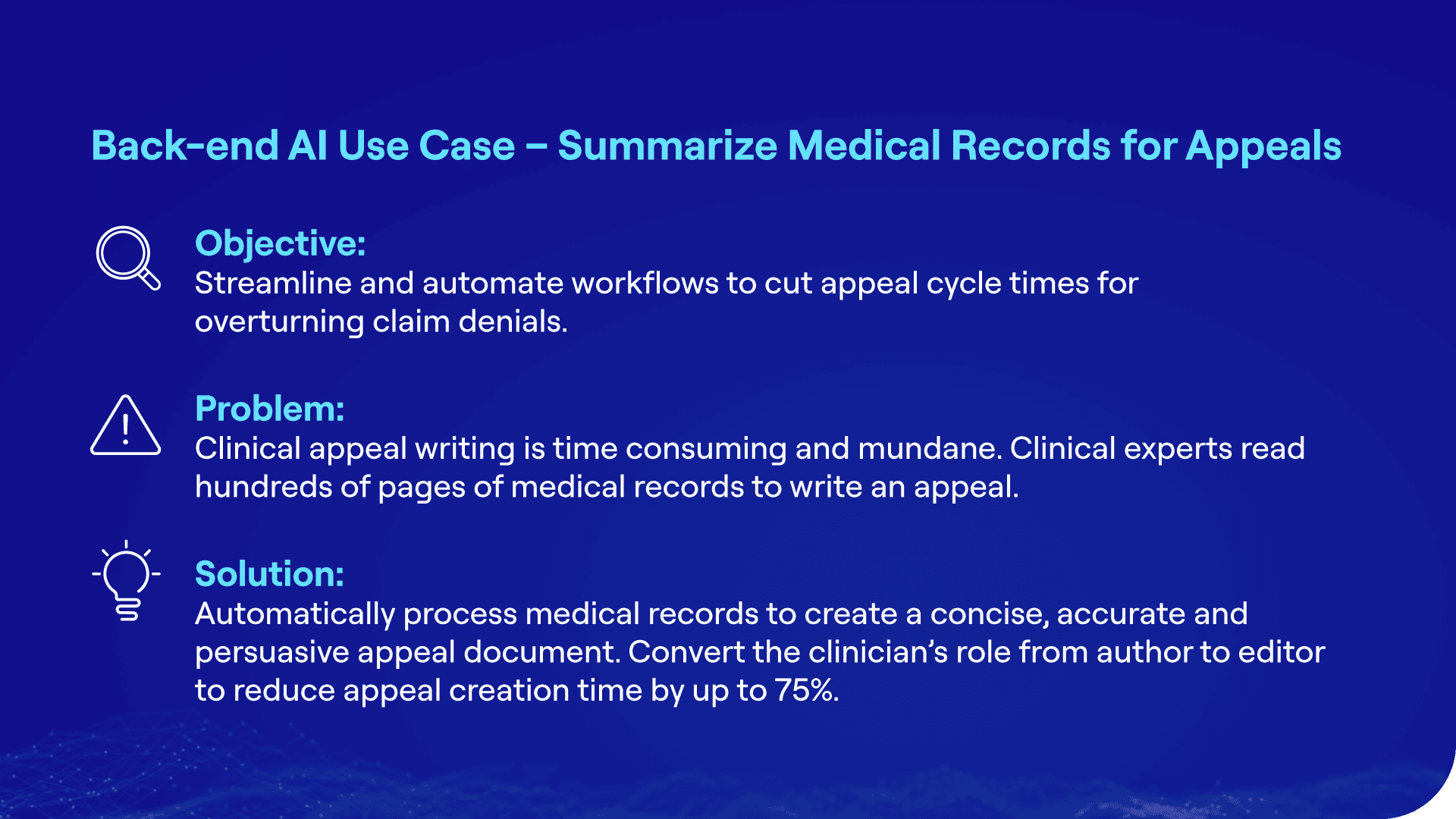 Back-end AI use case showing how healthcare organizations use AI to summarize medical records, streamline appeals, reduce claim denials, and improve revenue outcomes.