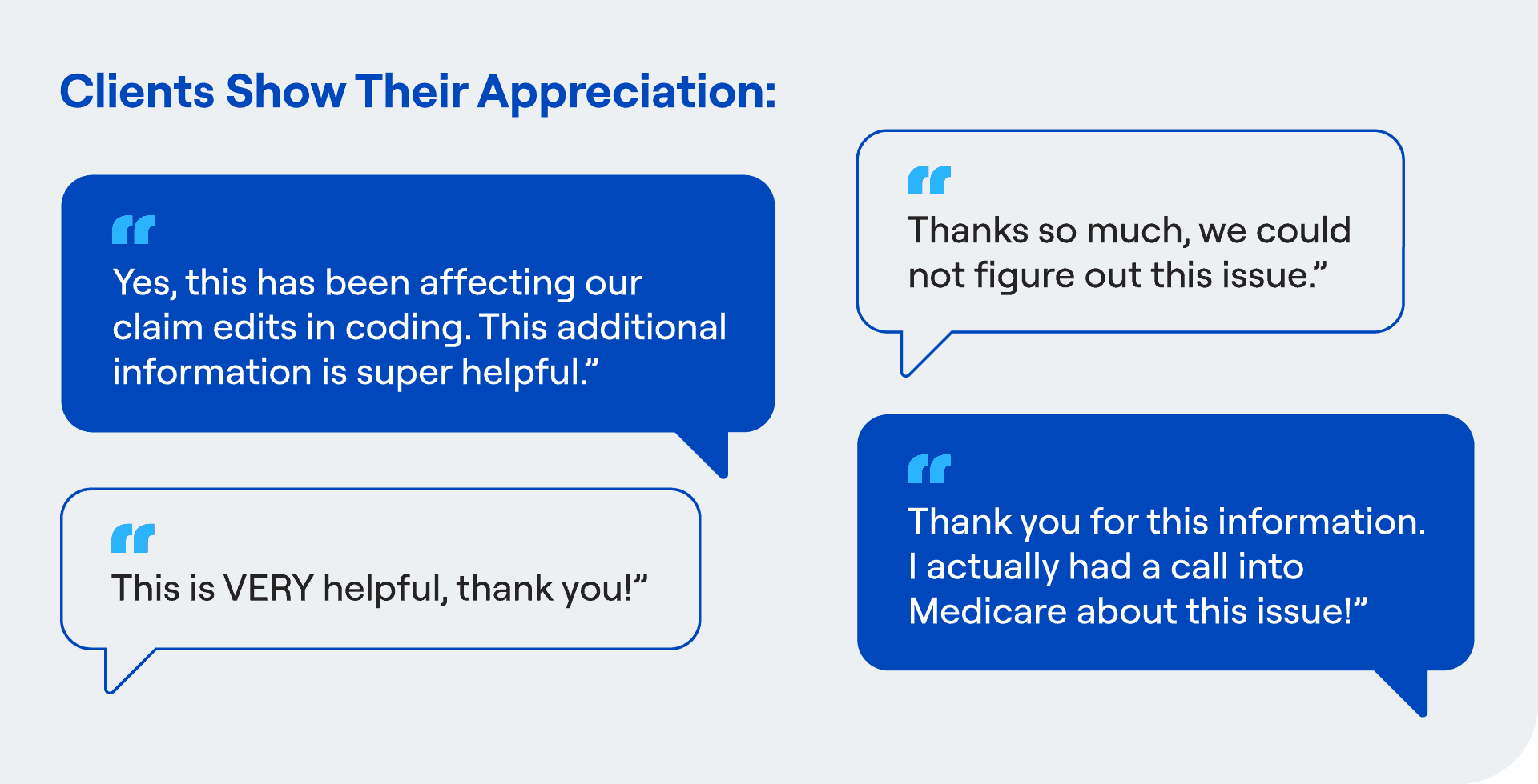 Client testimonials highlighting improved medical coding accuracy and support for resolving Medicare claim issues.