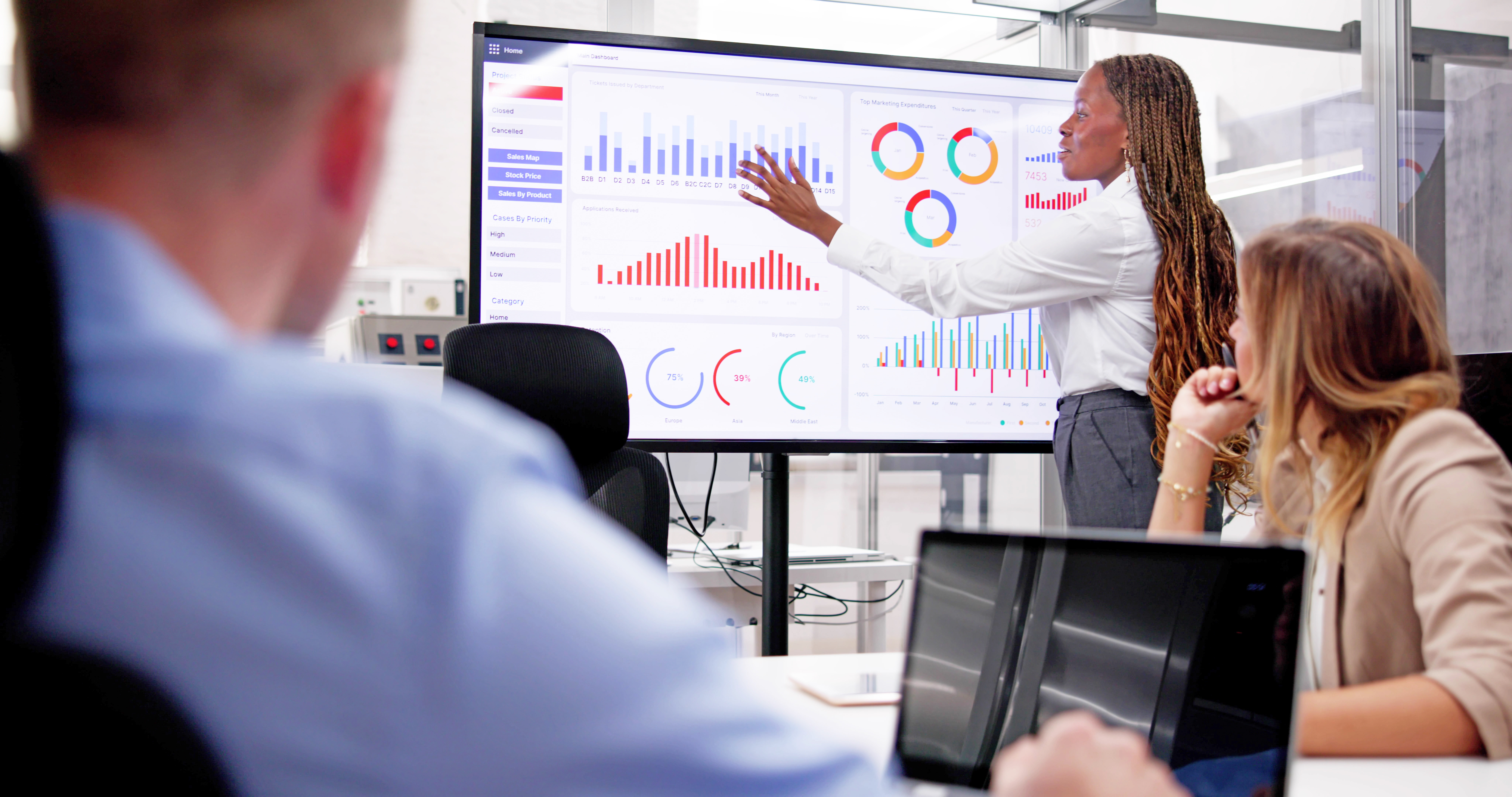 Business professional presenting data analytics dashboard to colleagues during a team meeting.