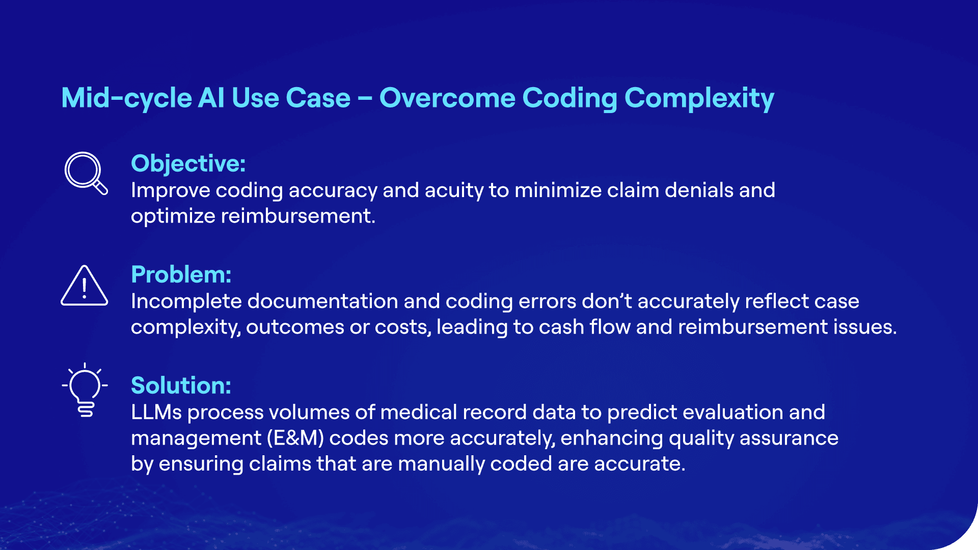 Mid-cycle AI use case showing how healthcare organizations use AI to improve coding accuracy, reduce claim denials, and optimize reimbursement and revenue.