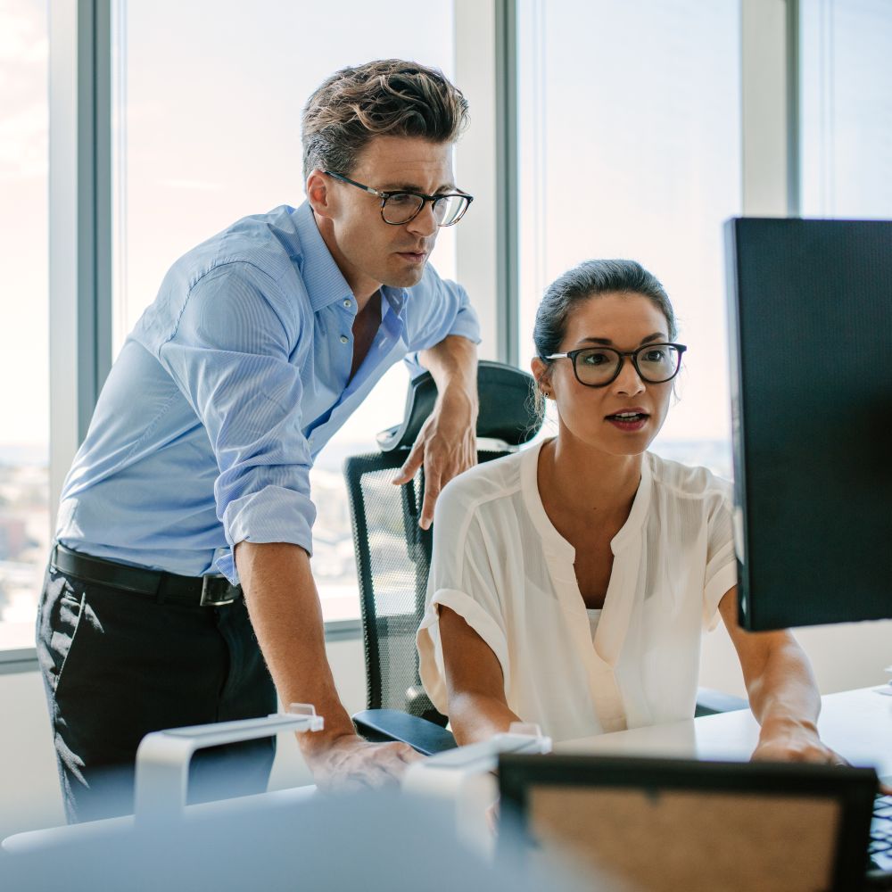 Two corporate professionals working together on computer