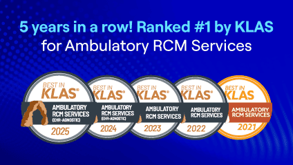 R1 ranked #1 by KLAS for Ambulatory RCM services five years in a row, with award badges from 2021 to 2025.