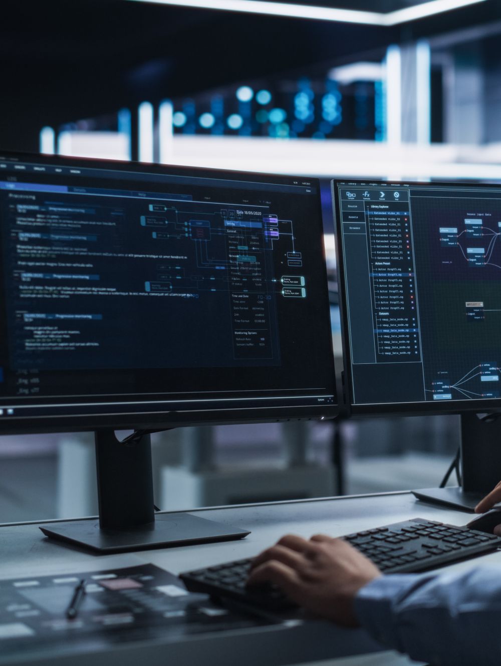 High-Tech Data Center Server Control: IT Specialist Administrator Working on Computer, Screen Showing Big Data AI Analysis and Code. Web Services, Machine Learning, Analytics Facility, Cyber Security