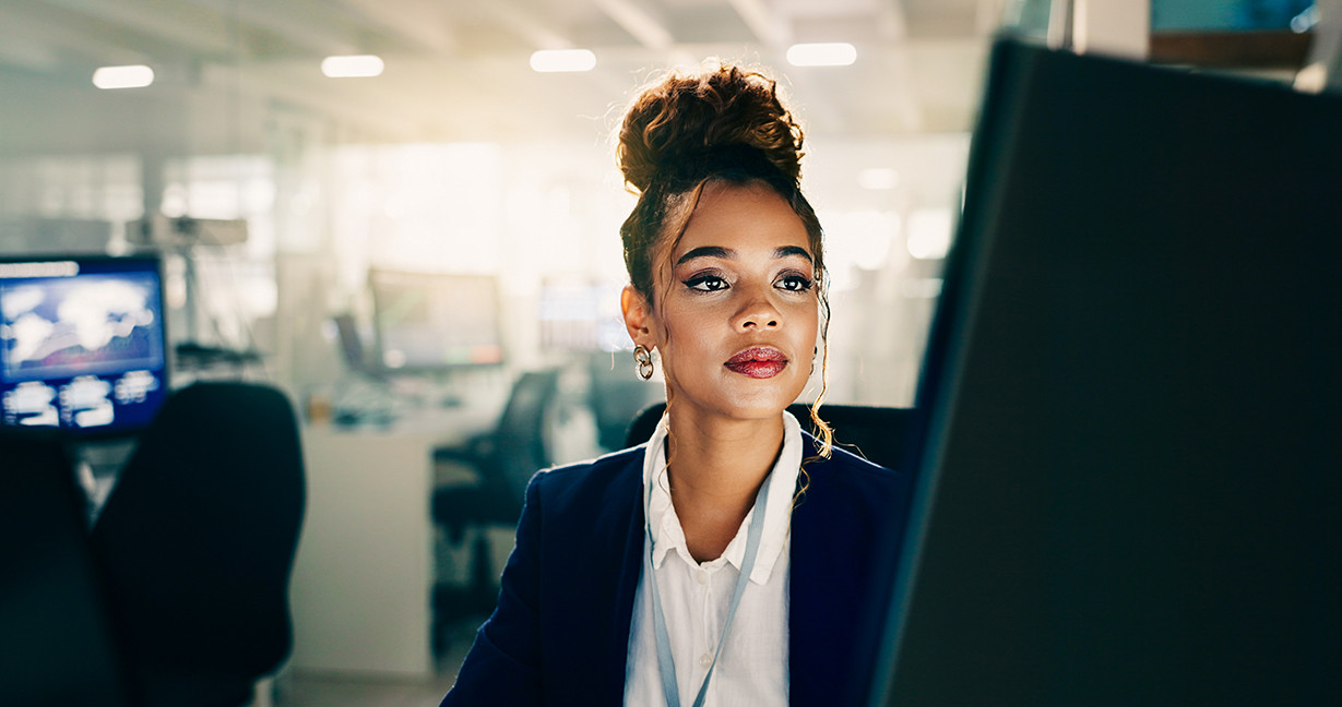 Woman, working and corporate with computer in office, financial advisor and stock broker for investment growth. Online, email and website review with connection, fintech project and internet trading