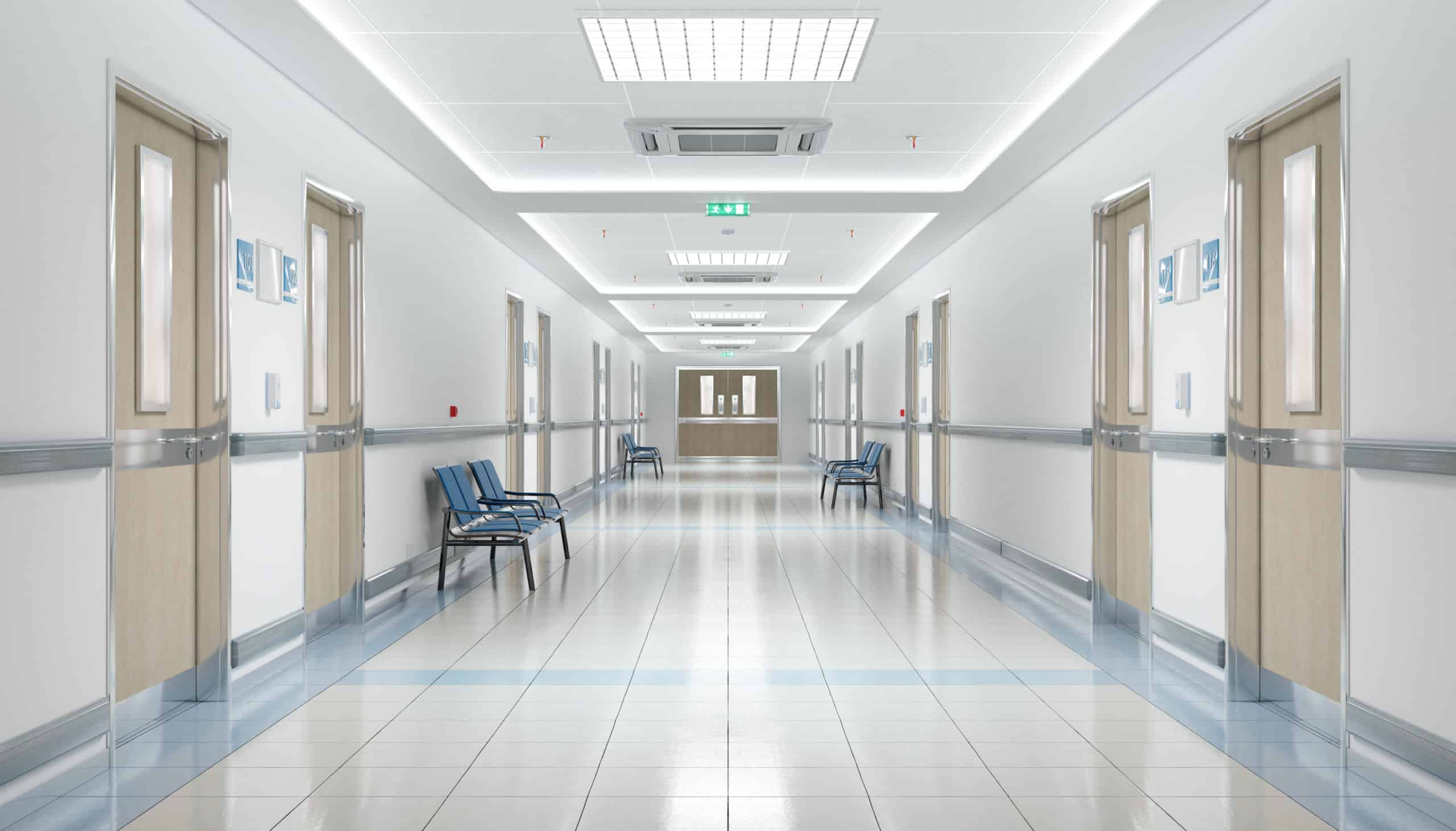 Long hospital bright corridor with rooms and blue seats 3D rendering